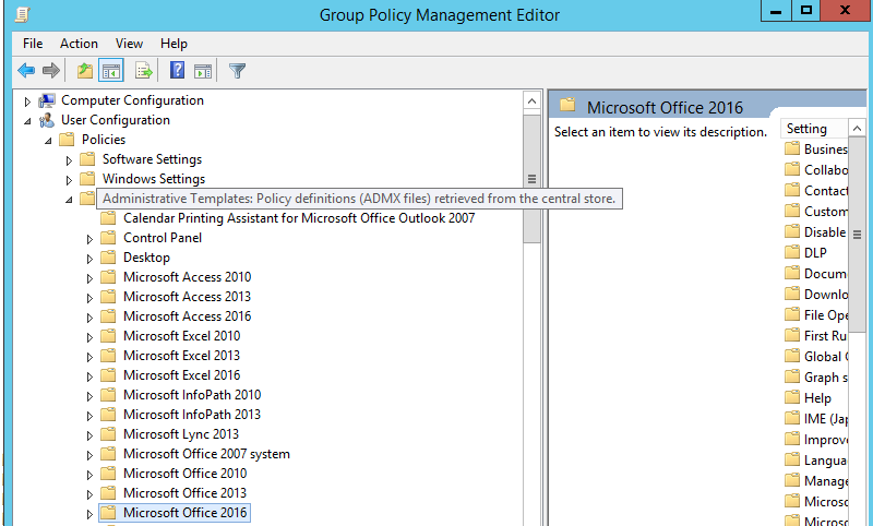 microsoft office Policy definitions (ADMX files) retrieved from the central store