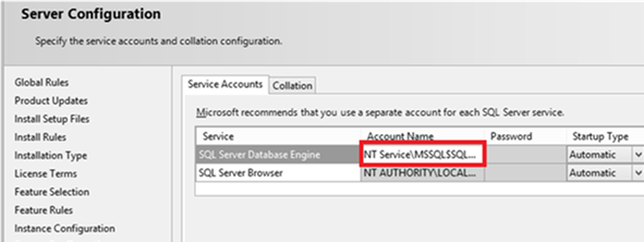 SQL Server Database Engine - service account name NT Service\MSSQLSERVER 