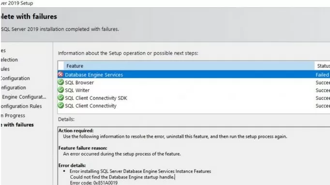 Could not find the Database Engine startup handle - SQL Server 2019 Install error