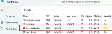 task manager: check app process is not elevated