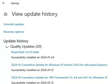 View Windows Update history in Settings app