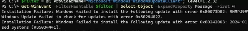 PowerShell: list windows update errors 