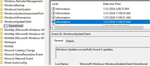 WindowsUpdateClient event log