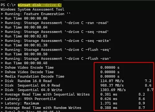 winsat command: check disk speed and latency