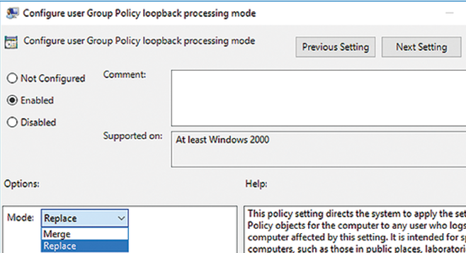 Configure user Group Policy Loopback Processing mode