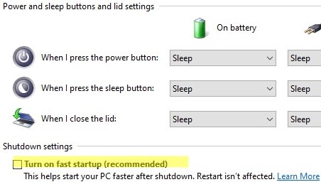 disable fast startup in windows