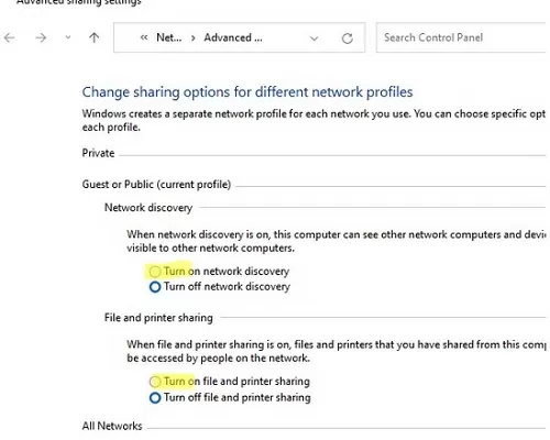 enable file and printer sharing on windows