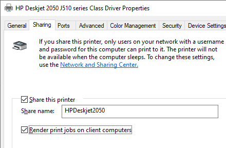enable the option "Render print jobs on client computers " on the shared printer 