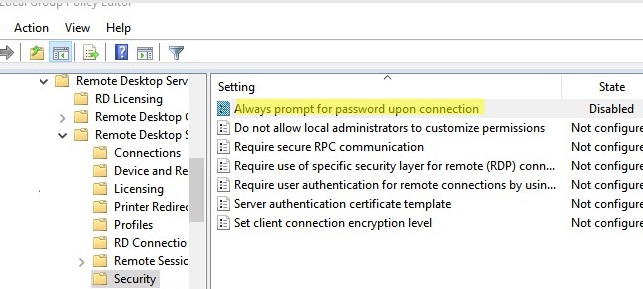 Remote Desktop Host GPO: Always prompt for password on connection