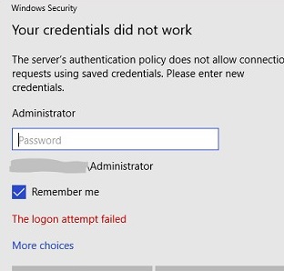 The server's authentication policy does not allow connection requests using saved credentials