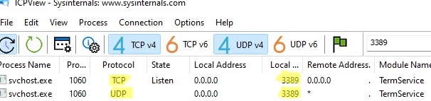 tcpview: shows default rdp port 3389 for udp and tcp protocols