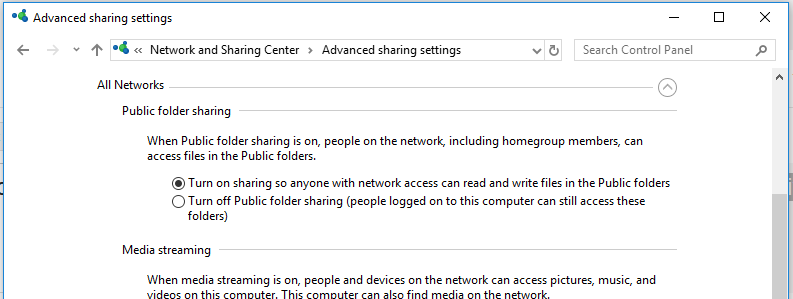 Windows 10/2016 - activez le partage pour que toute personne disposant d'un accès réseau puisse lire et écrire des fichiers dans les dossiers publics