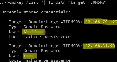 cmdkey list termsrv rdp saved credentials in windowss