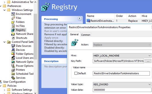 RestrictDriverInstallationToAdministrators registry item to bypass PrintNightmare fix