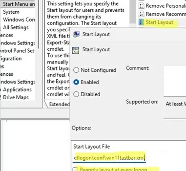 Apply pinned taskbar apps layout xml via GPO