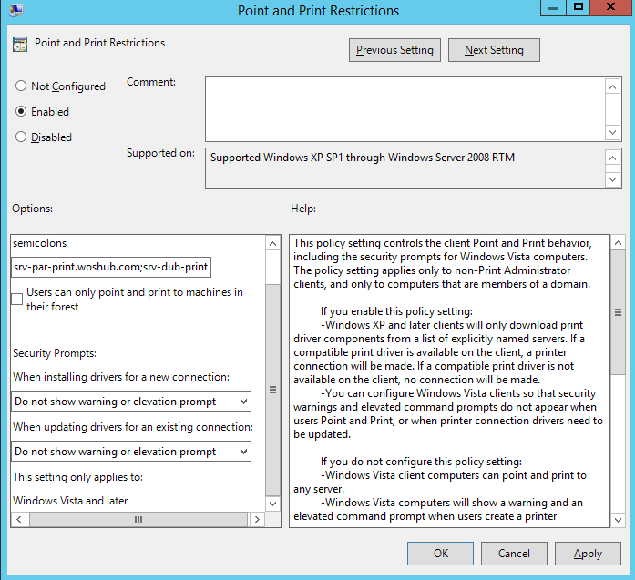 Configure Point and Print Restriction policy to install print drivers