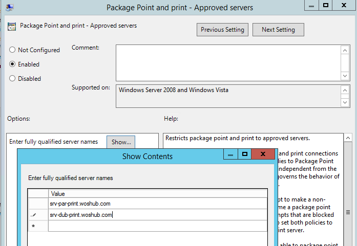 Configuring policy: Package Point and Print - Accepted Servers 