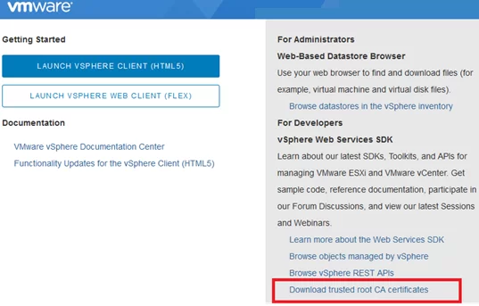 Download trusted root CA certificates in VMware Vsphere
