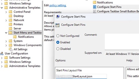 GPO: Configure Start Pins - json file win11