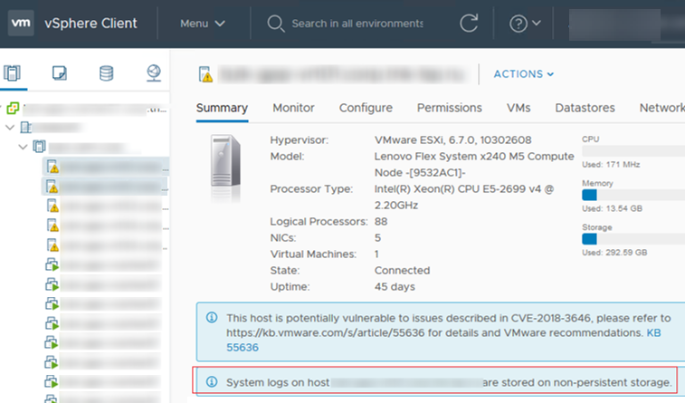 warning: System logs on vmware esxi host are stored on non-persistent storage