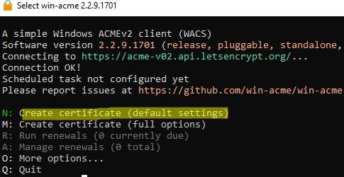 Create new certificate using wacs (Windows ACME Simple) tool 