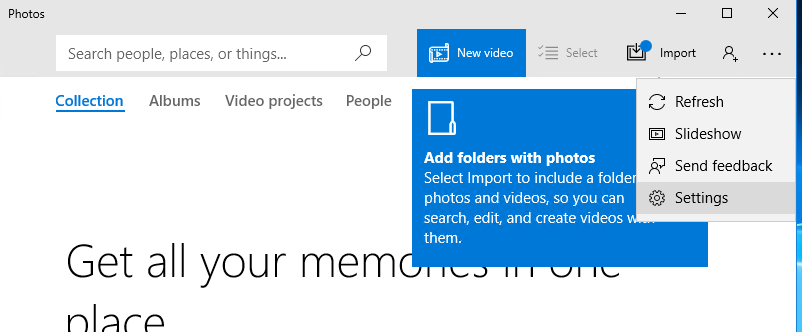 Photos app settings in Windows 10 