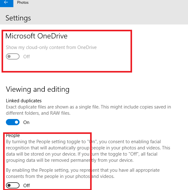 photos - disable onedrive and peole features