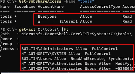 powershell: check shared folder and ntfs permissions