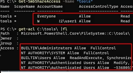 powershell: check shared folder and ntfs permissions
