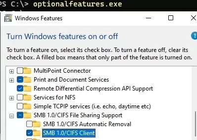 windows 11 enable smb1 cifs client protocol via features