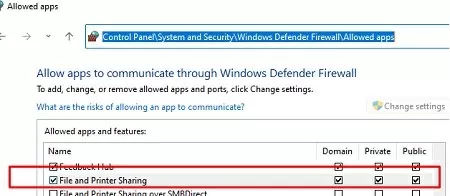 windows defender firewall: allow file and printer sharing access