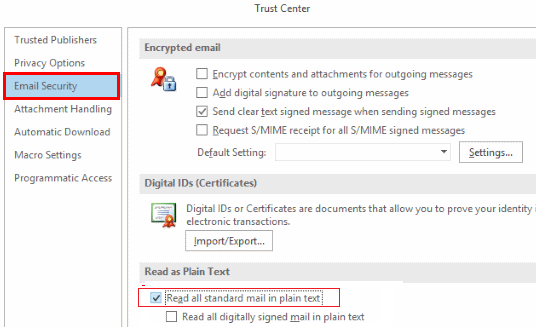 disable default plain text view for email in outlook 