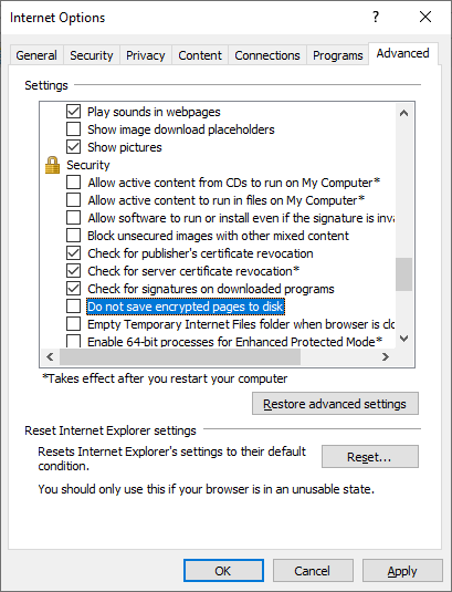 ie setting - Do not save encrypted files to disk