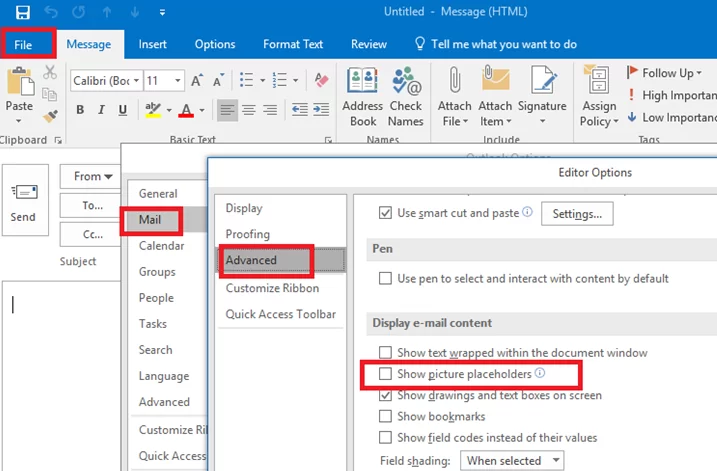 outlook disable picture placeholders 
