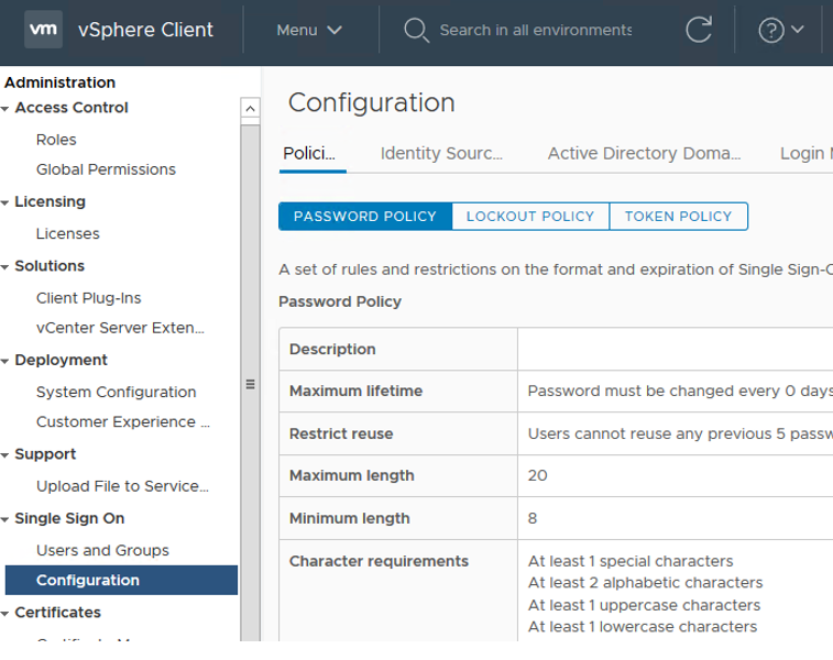 vmware vsphere password and locout policies