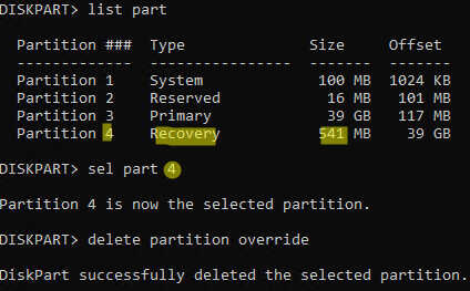 diskpart delete recovery partition override