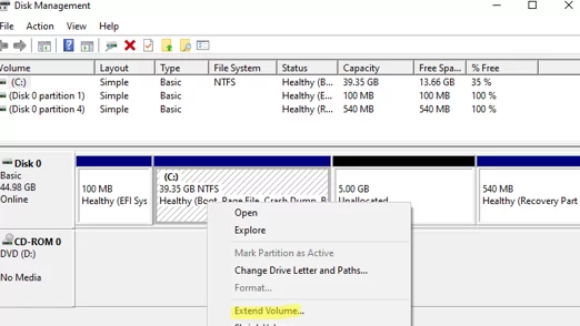 extend system volume using disk management console