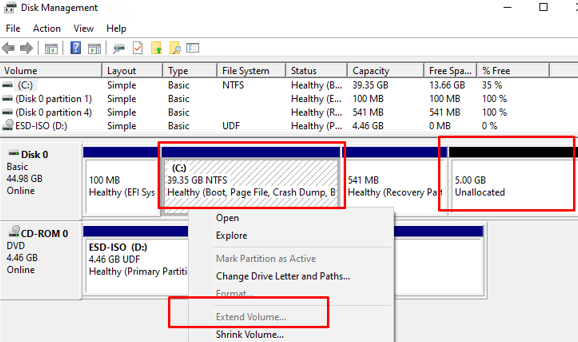 how to increase extend volume grayed out c drive space