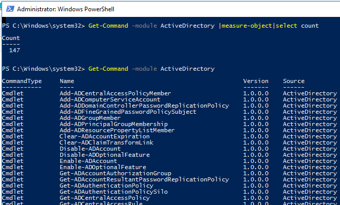 Get all commands from Active Directory PowerShell module 