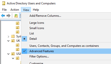 enable Advanced Features in ADUC snap-in