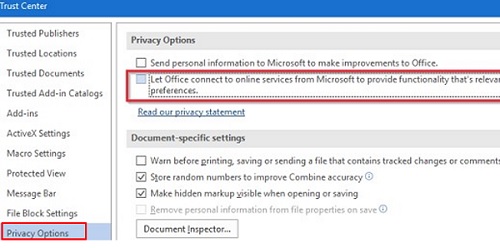 disable online services connection in outlook trust center
