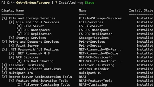 Windows Server list installed roles and features via PowerShell