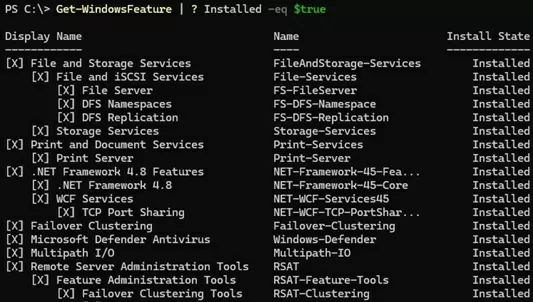 Windows Server list installed roles and features via PowerShell