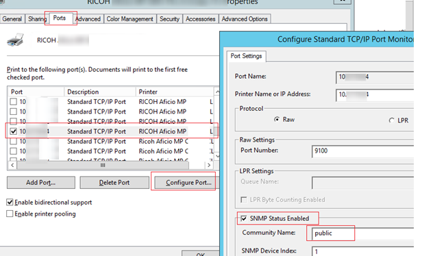 enable snmp status checks on print port properties on windows server