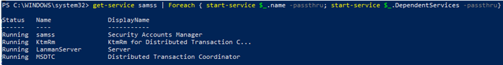 powershell start a service with all dependences
