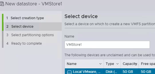 select device to create VMFS partition