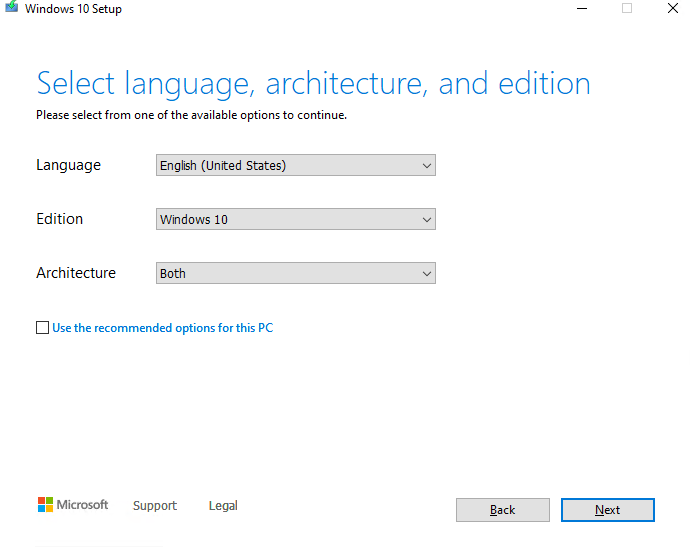 select windows 10 language,edition and architecture