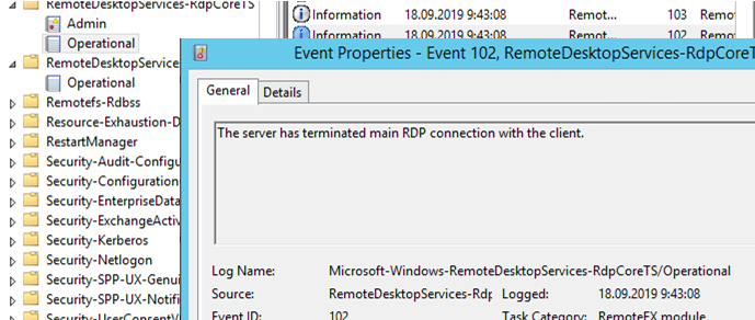 The server has terminated main RDP connection with the client: Microsoft-Windows-RemoteDesktopServices-RdpCoreTS