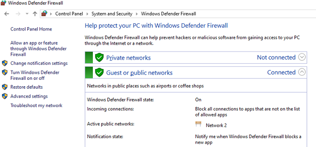 Windows Defender Firewall network location (profiles)