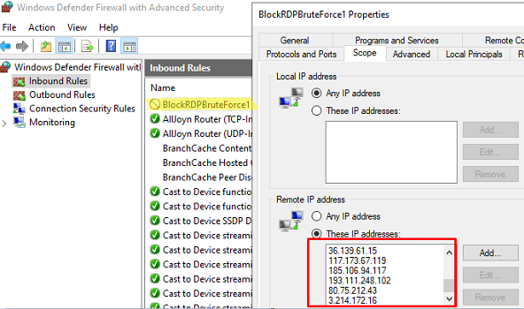 Windows Firewall rule to block RDP attacks by IP addresses
